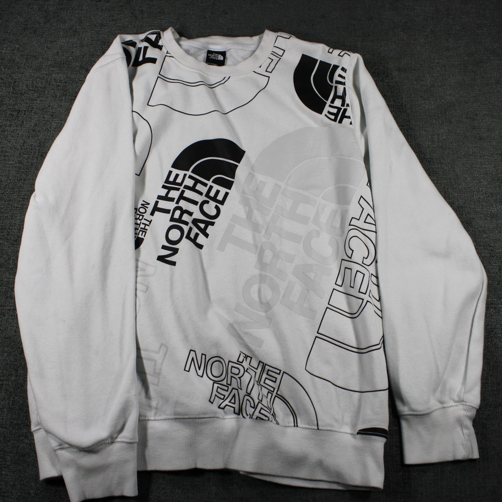 The North Face Mens Large White Multi Logo Graphic Crewneck Sweatshirt Fleece